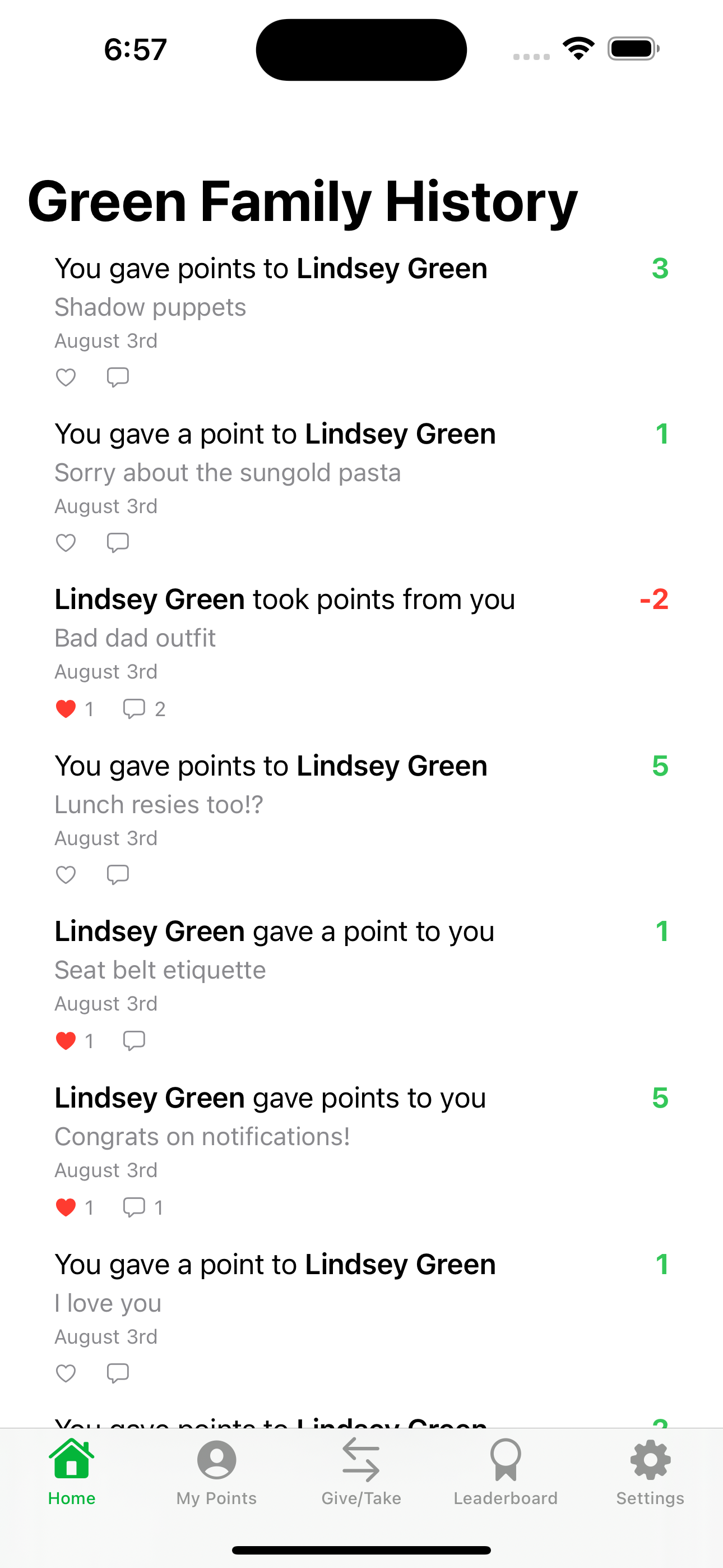 Family Scoreboard App - Home Screen