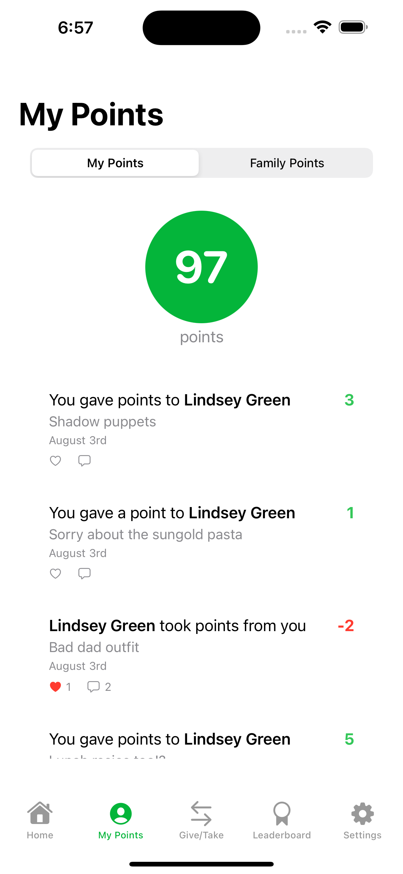 Family Scoreboard App - Points Screen
